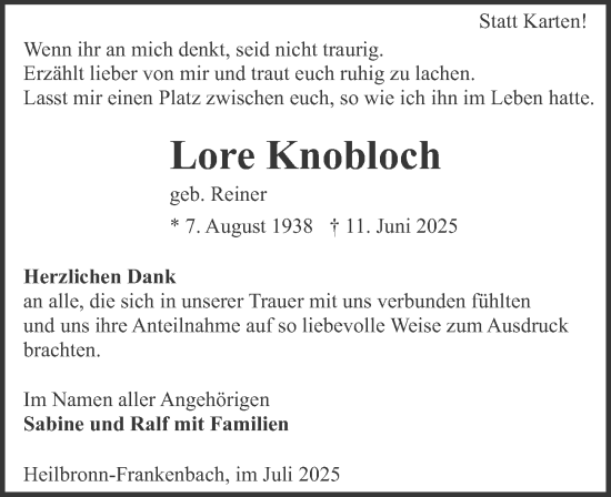 Traueranzeige von Lore Knobloch von GESAMT