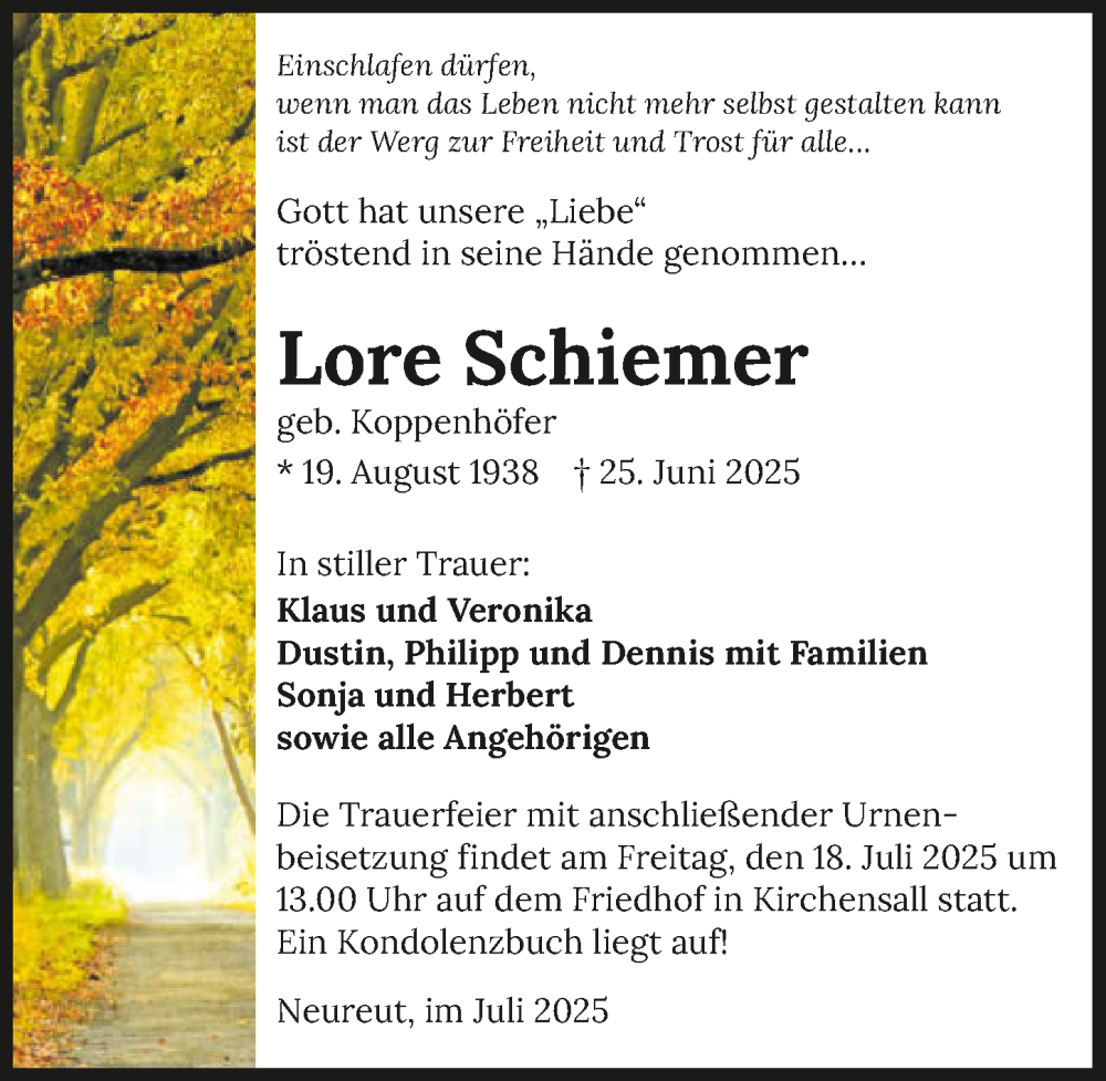  Traueranzeige für Lore Schiemer vom 12.07.2025 aus GESAMT