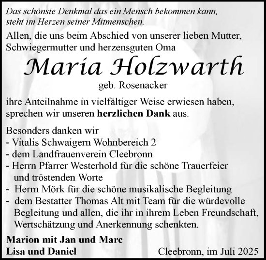 Traueranzeige von Maria Holzwarth von GESAMT