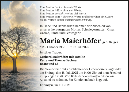 Traueranzeige von Maria Maierhöfer von GESAMT