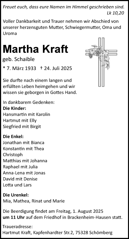  Traueranzeige für Martha Kraft vom 29.07.2025 aus GESAMT