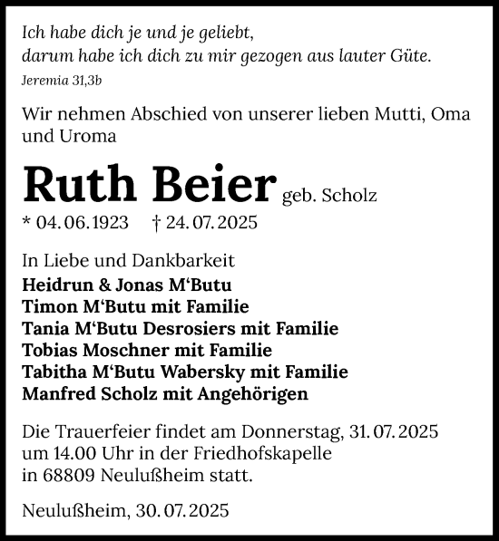 Traueranzeige von Ruth Beier von GESAMT