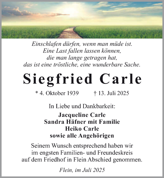 Traueranzeige von Siegfried Carle von GESAMT
