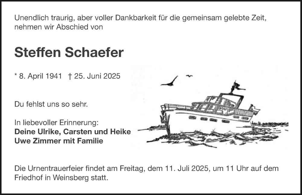  Traueranzeige für Steffen Schaefer vom 05.07.2025 aus GESAMT