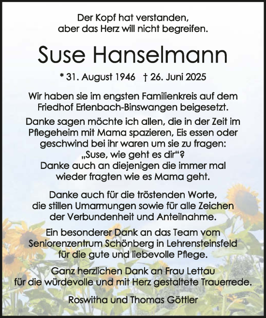 Traueranzeige von Suse Hanselmann von GESAMT