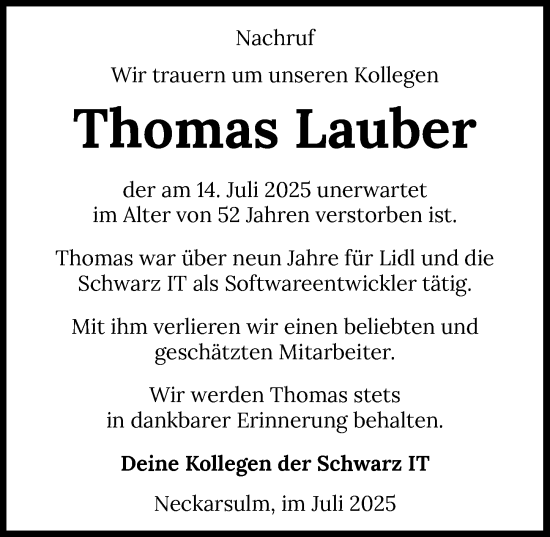 Traueranzeige von Thomas Lauber von GESAMT