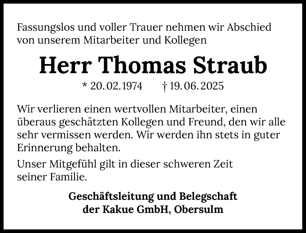  Traueranzeige für Thomas Straub vom 05.07.2025 aus GESAMT