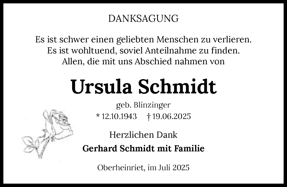  Traueranzeige für Ursula Schmidt vom 12.07.2025 aus GESAMT
