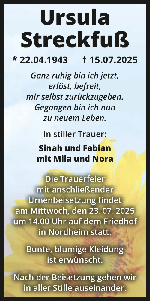 Traueranzeige von Ursula Streckfuß von GESAMT