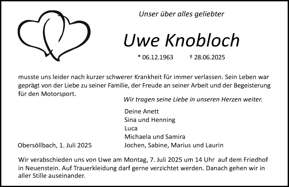  Traueranzeige für Uwe Knobloch vom 01.07.2025 aus GESAMT