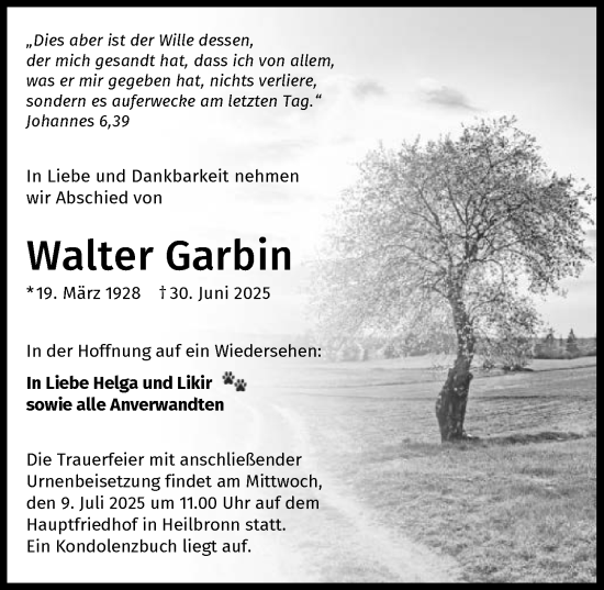 Traueranzeige von Walter Garbin von GESAMT