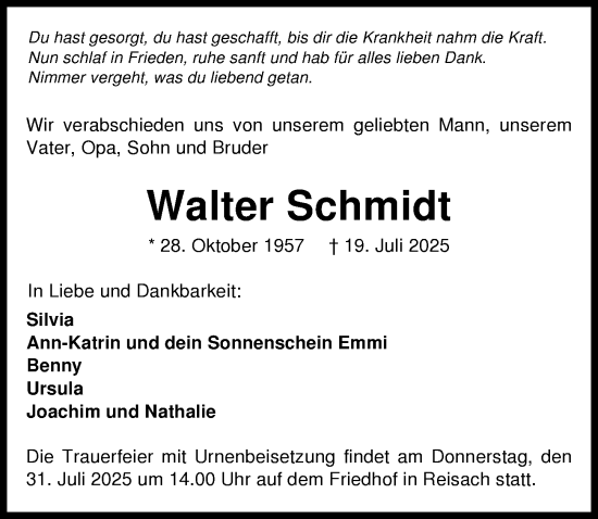 Traueranzeige von Walter Schmidt von GESAMT