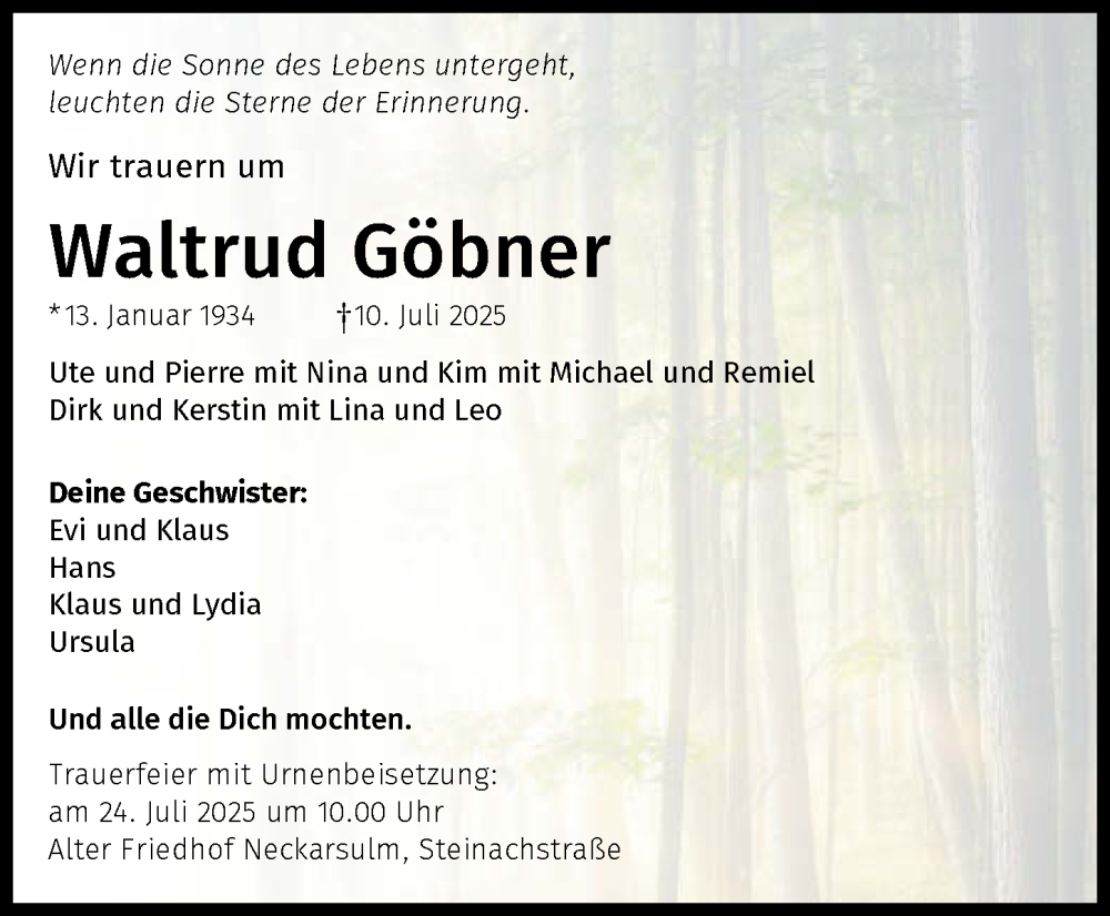  Traueranzeige für Waltrud Göbner vom 19.07.2025 aus GESAMT