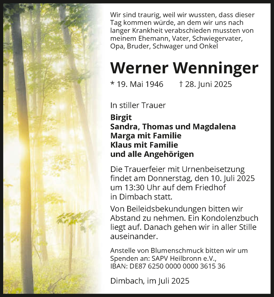  Traueranzeige für Werner Wenninger vom 05.07.2025 aus GESAMT
