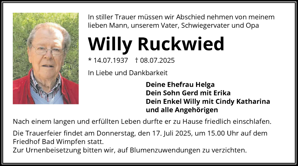  Traueranzeige für Willy Ruckwied vom 12.07.2025 aus GESAMT