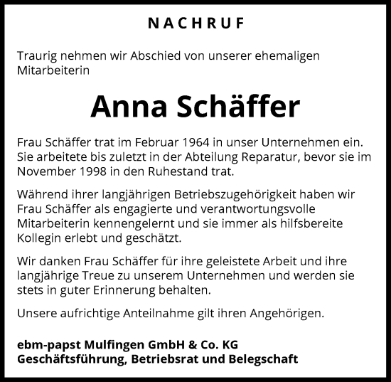 Traueranzeige von Anna Schäffer von GESAMT