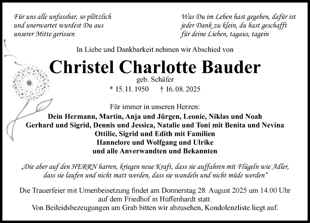  Traueranzeige für Christel Charlotte Bauder vom 23.08.2025 aus GESAMT