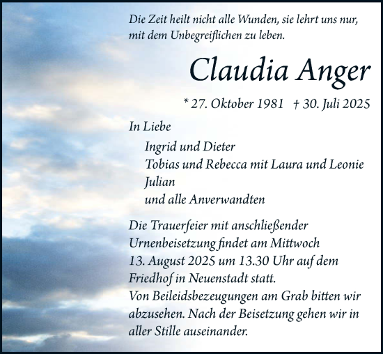 Traueranzeige von Claudia Anger von GESAMT