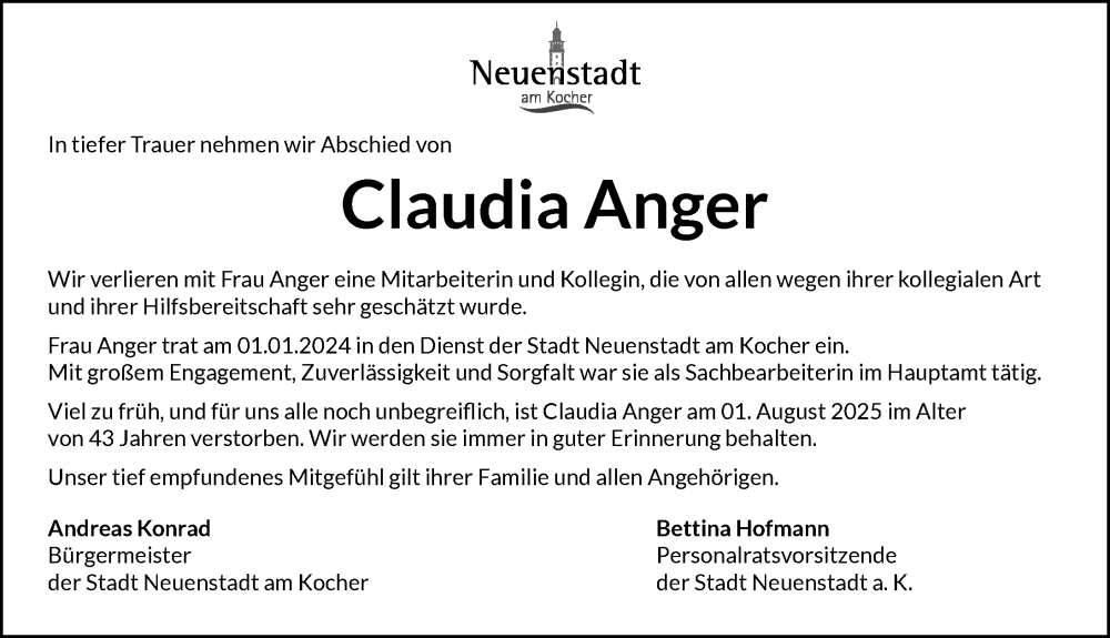  Traueranzeige für Claudia Anger vom 09.08.2025 aus GESAMT