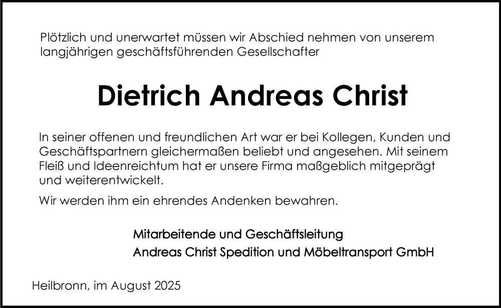  Traueranzeige für Dietrich Andreas Christ vom 23.08.2025 aus GESAMT
