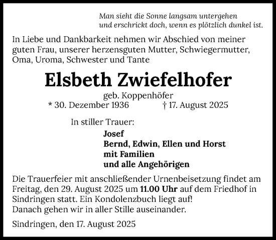 Traueranzeige von Elsbeth Zwiefelhofer von GESAMT