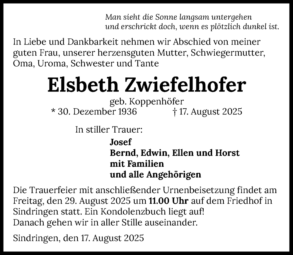  Traueranzeige für Elsbeth Zwiefelhofer vom 26.08.2025 aus GESAMT