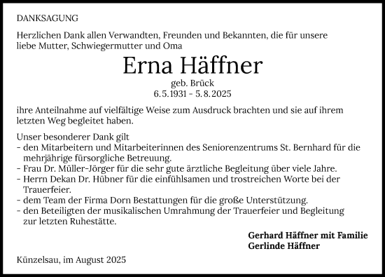 Traueranzeige von Erna Häffner von GESAMT
