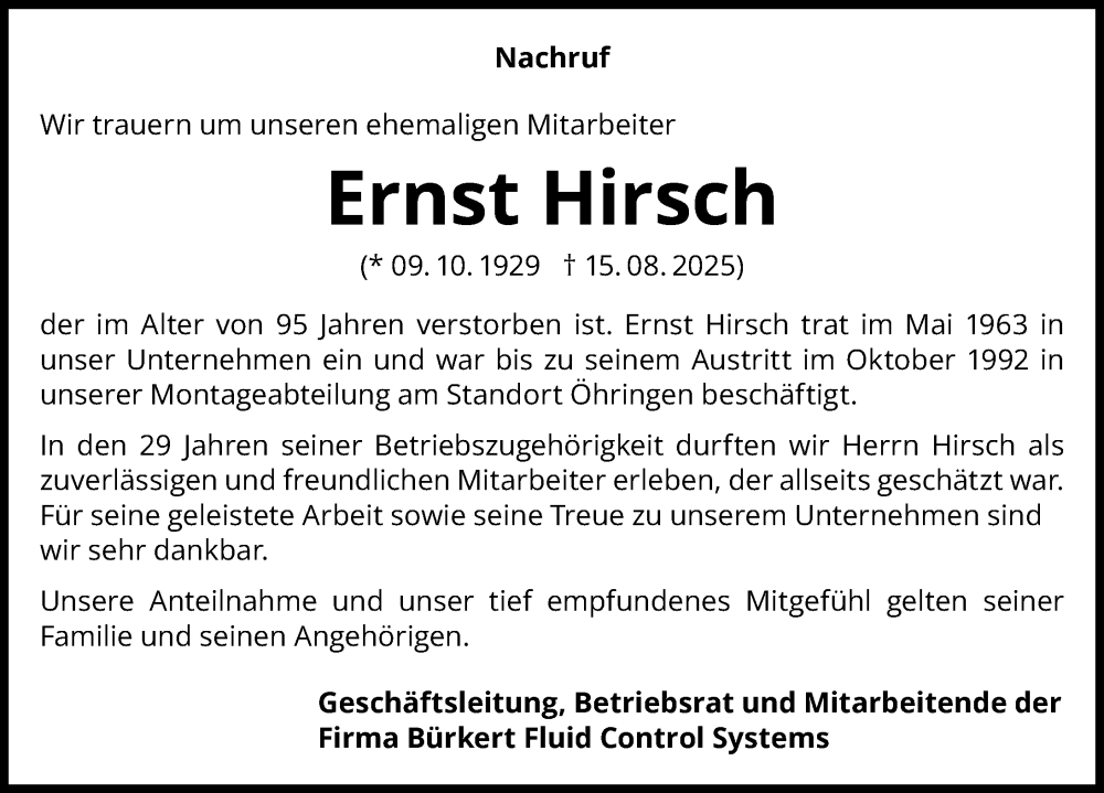  Traueranzeige für Ernst Hirsch vom 28.08.2025 aus GESAMT
