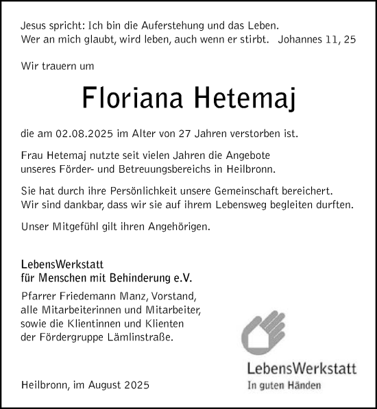 Traueranzeige von Floriana Hetemaj von GESAMT