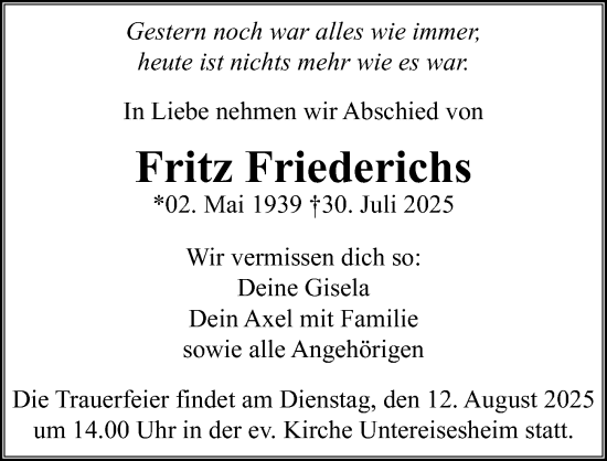 Traueranzeige von Fritz Friederichs von GESAMT