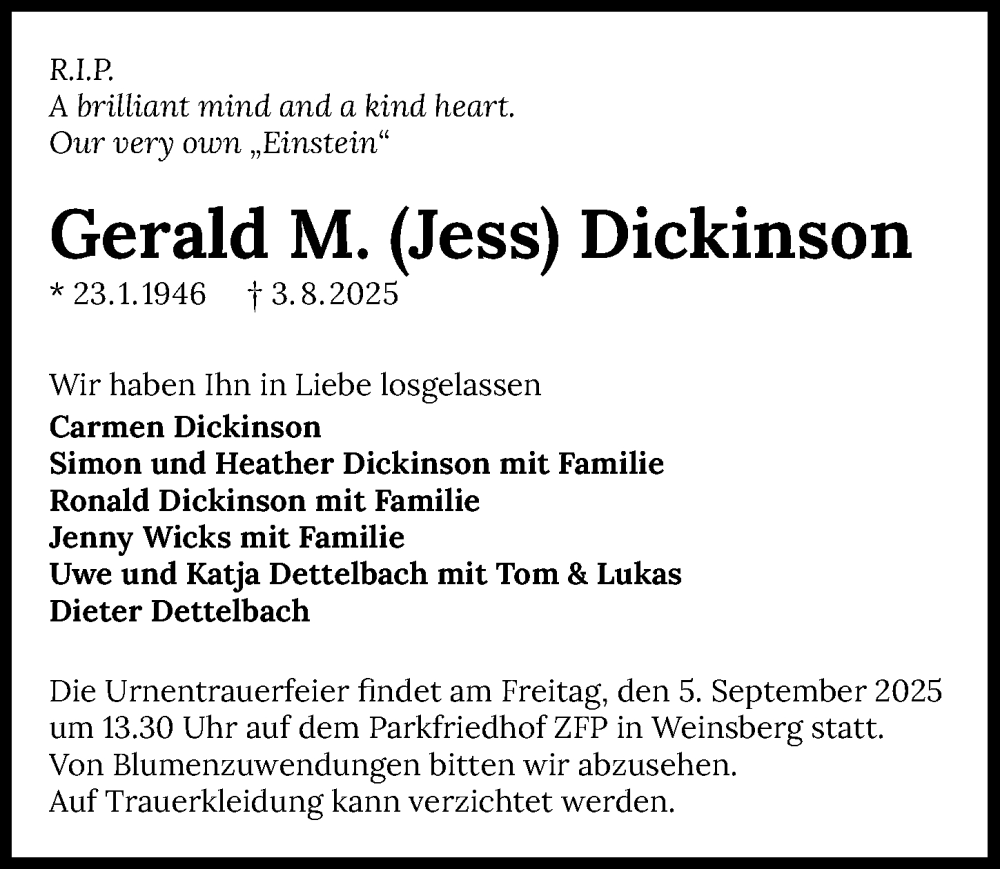  Traueranzeige für Gerald M. (Jess) Dickinson vom 30.08.2025 aus GESAMT