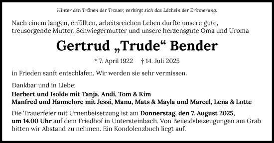 Traueranzeige von Gertrud Bender von GESAMT