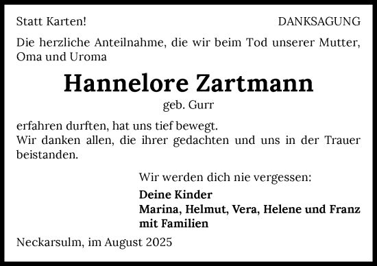 Traueranzeige von Hannelore Zartmann von GESAMT