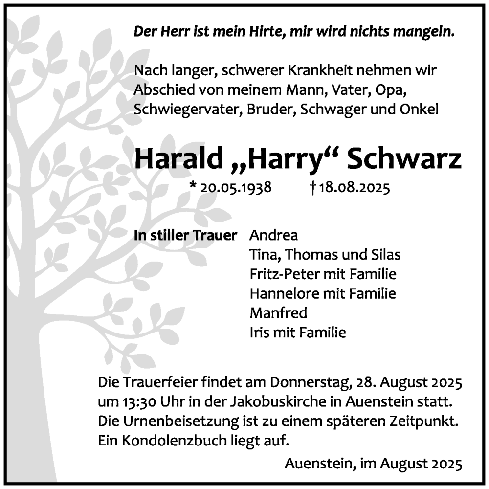  Traueranzeige für Harald Schwarz vom 25.08.2025 aus GESAMT