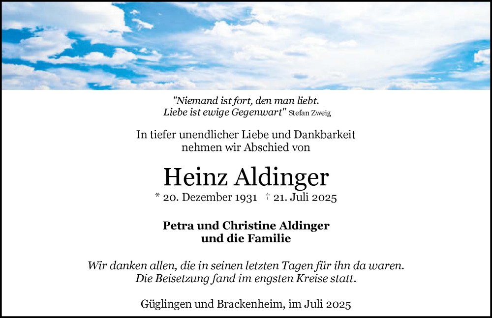 Traueranzeige für Heinz Aldinger vom 02.08.2025 aus GESAMT