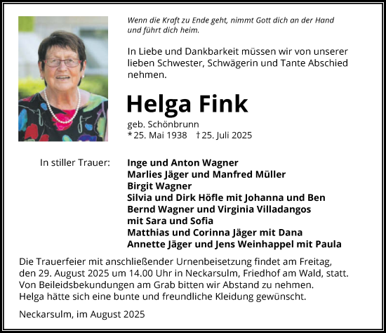 Traueranzeige von Helga Fink von GESAMT