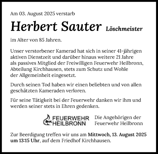 Traueranzeige von Herbert Sauter von GESAMT