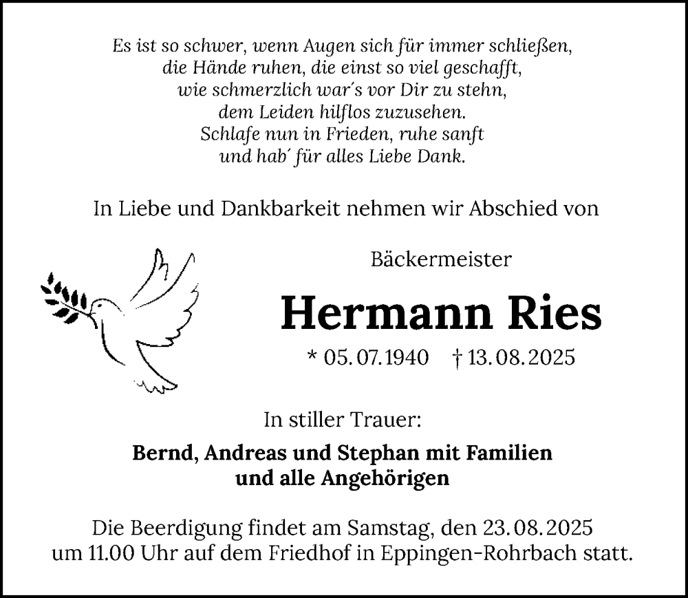 Traueranzeige für Hermann Ries vom 20.08.2025 aus GESAMT