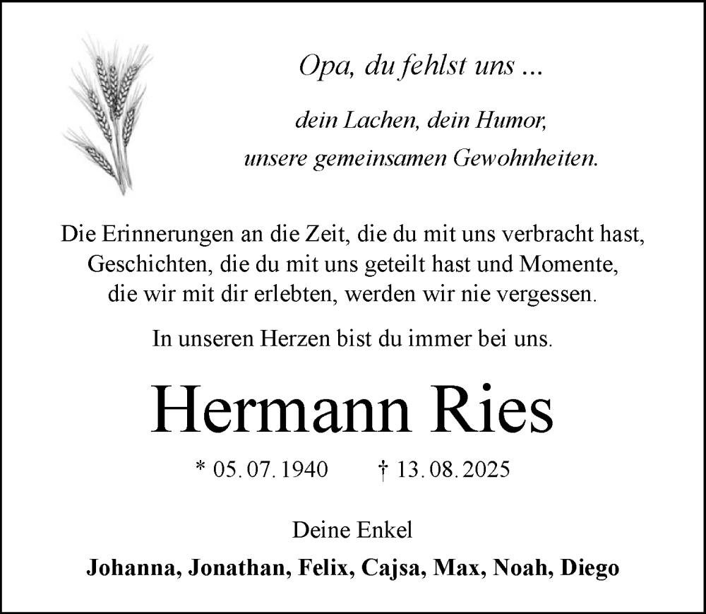  Traueranzeige für Hermann Ries vom 30.08.2025 aus GESAMT