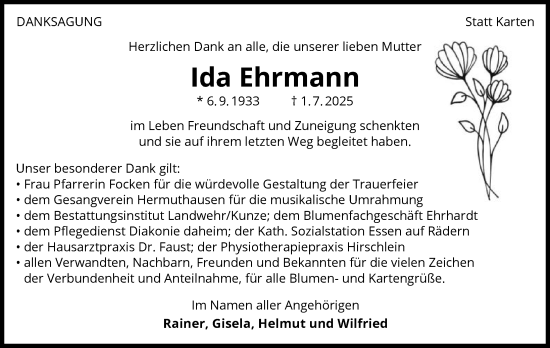 Traueranzeige von Ida Ehrmann von GESAMT