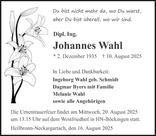 Traueranzeige von Johannes Wahl von GESAMT