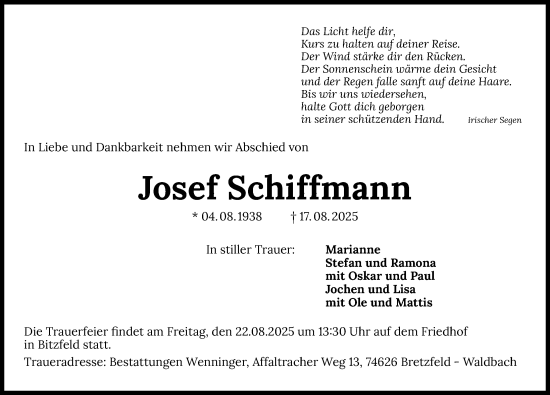 Traueranzeige von Josef Schiffmann von GESAMT