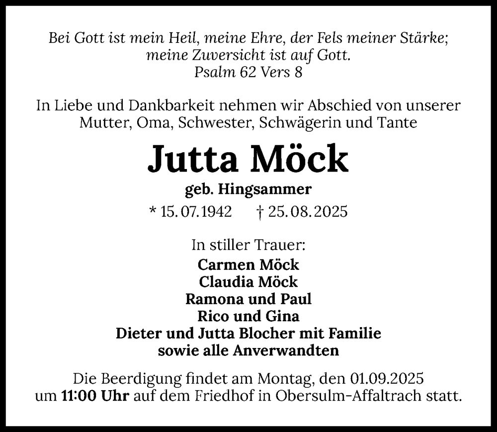  Traueranzeige für Jutta Möck vom 30.08.2025 aus GESAMT