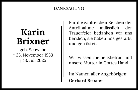 Traueranzeige von Karin Brixner von GESAMT