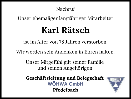 Traueranzeige von Karl Rätsch von GESAMT