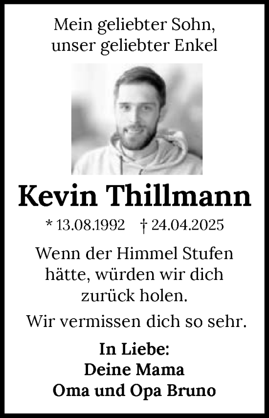 Traueranzeige von Kevin Thillmann von GESAMT