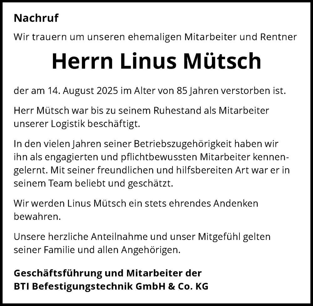  Traueranzeige für Linus Mütsch vom 27.08.2025 aus GESAMT