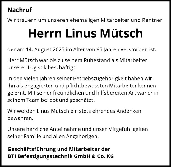 Traueranzeige von Linus Mütsch von GESAMT