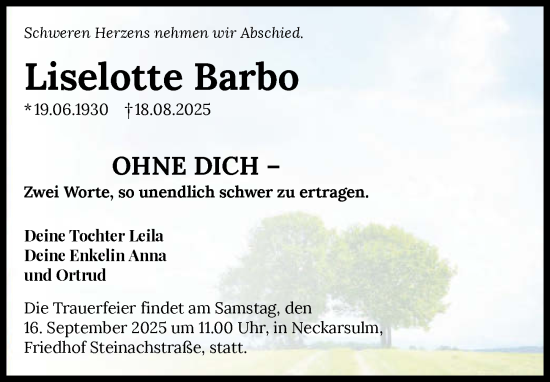 Traueranzeige von Liselotte Barbo von GESAMT