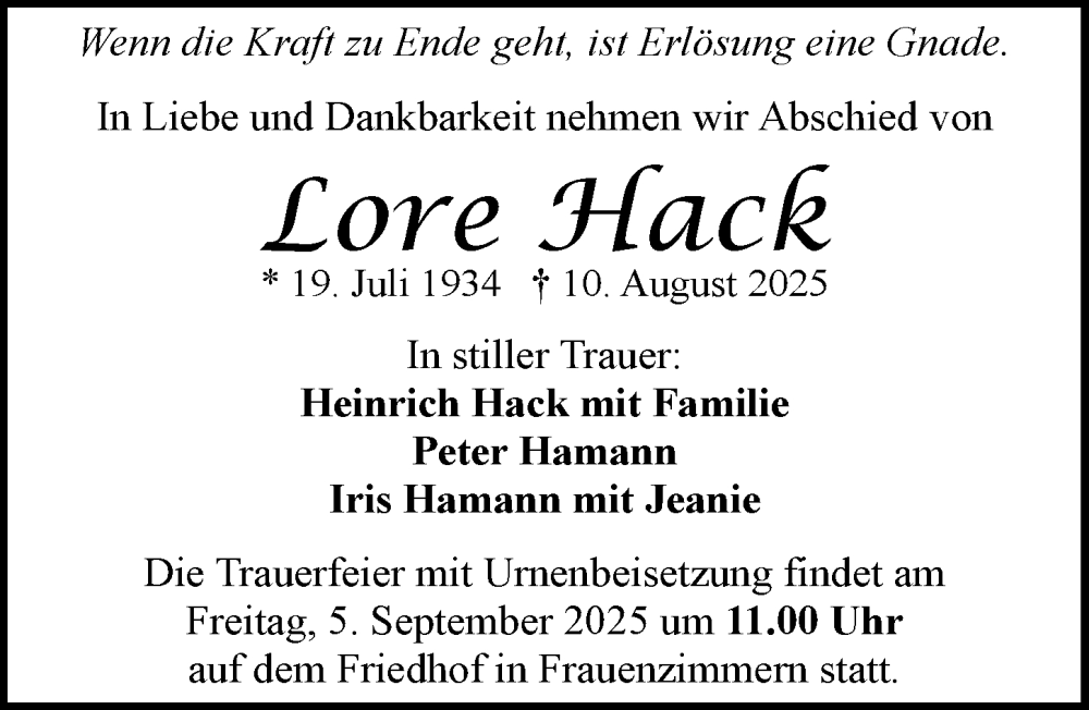  Traueranzeige für Lore Hack vom 30.08.2025 aus GESAMT